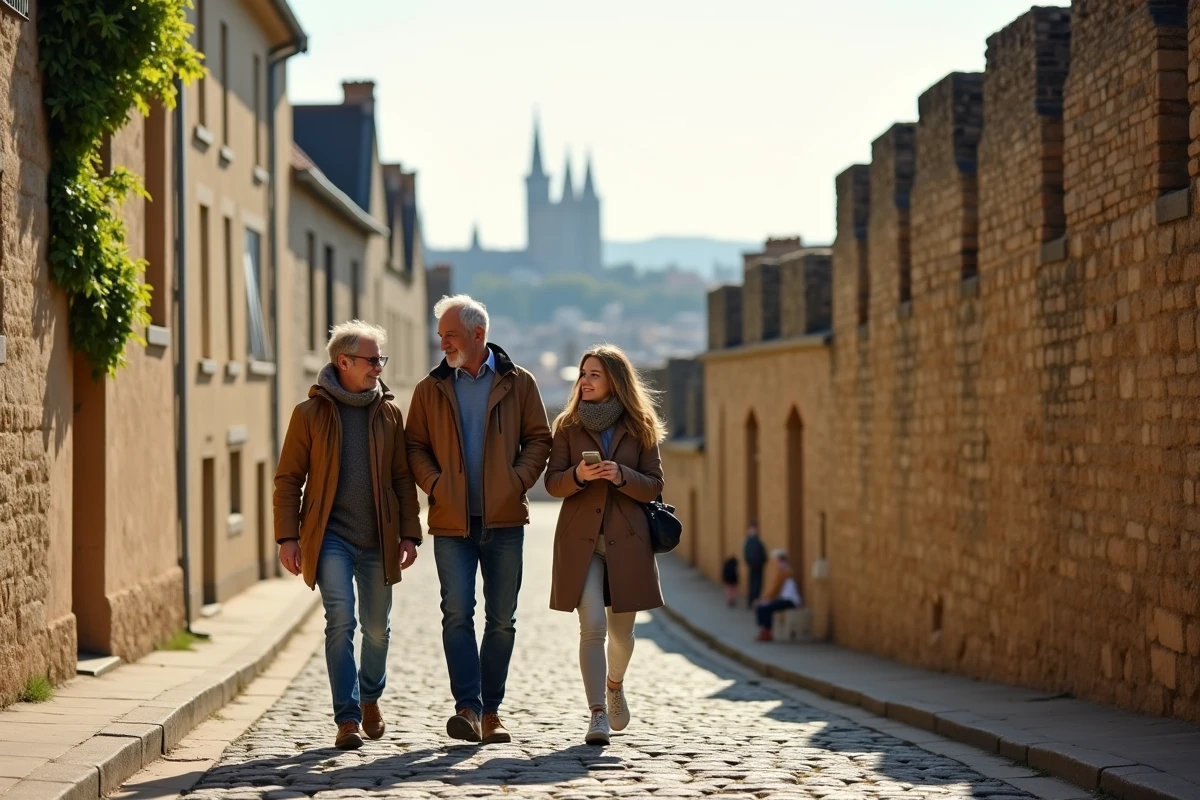 Famille se promenant dans la vieille ville médiévale du Mans, la Cité Plantagenêt