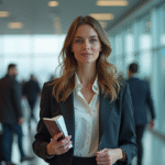 Femme à l'aéroport tenant passeport et carte d'embarquement