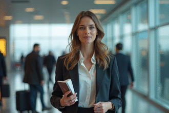 Femme à l'aéroport tenant passeport et carte d'embarquement