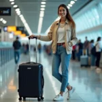Femme à l'aéroport mesurant son bagage cabine