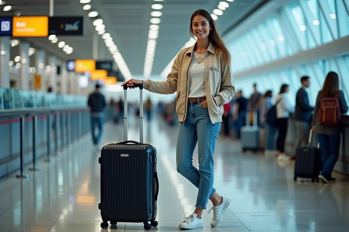 Femme à l'aéroport mesurant son bagage cabine