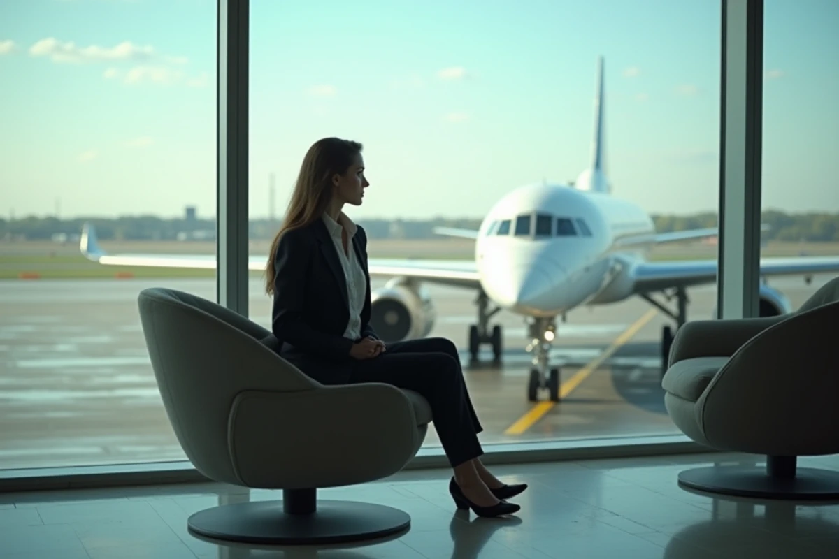 Jeune femme dans un lounge regardant le Concorde