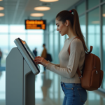 Femme utilisant un kiosque d'enregistrement à l'aéroport