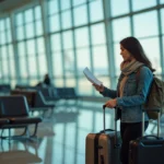Femme en voyage dans un aéroport avec valises et documents