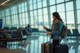 Femme en voyage dans un aéroport avec valises et documents