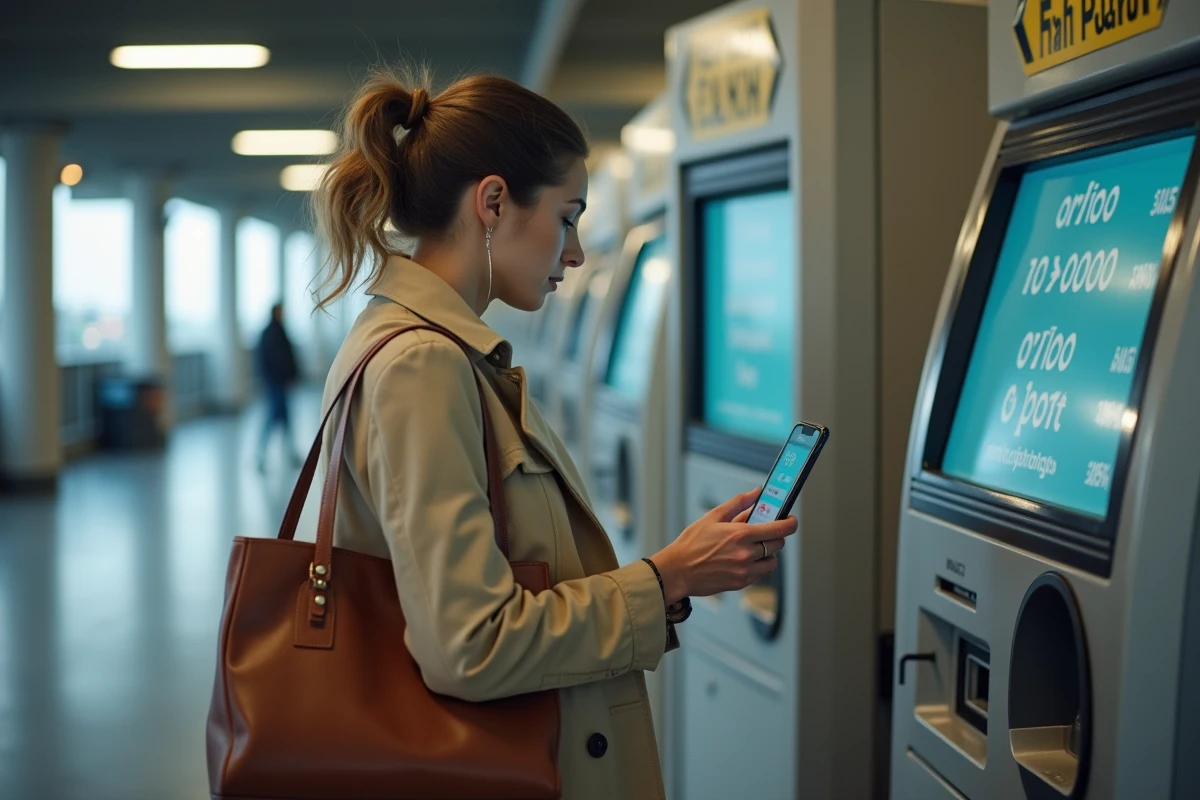 Femme consultant les tarifs au terminal de paiement du parking aéroport Toulouse