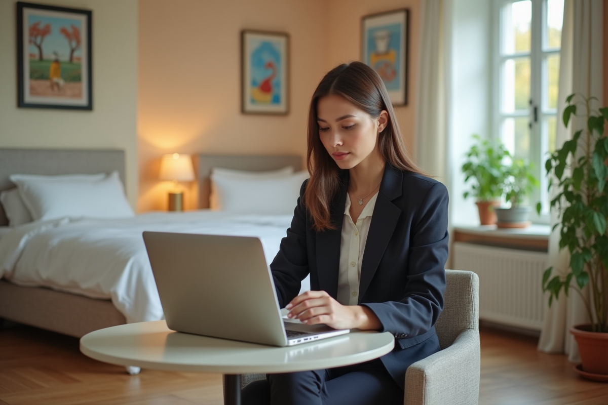 Jeune femme en affaires saisit chiffres sur un ordinateur portable