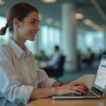 Jeune femme au bureau à l'aéroport en train de mettre à jour des informations passagers