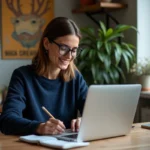 Femme au bureau cosy en Basque avec ordinateur et notes