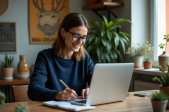 Femme au bureau cosy en Basque avec ordinateur et notes