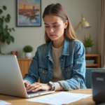 Jeune femme au bureau regarde un ticket d avion vide