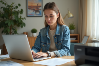 Jeune femme au bureau regarde un ticket d avion vide