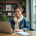 Jeune femme au bureau avec ordinateur et billet d'avion