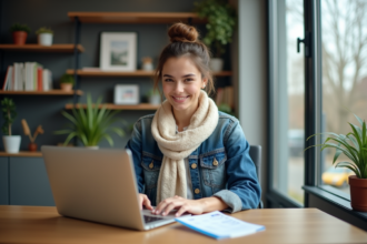 Jeune femme au bureau avec ordinateur et billet d'avion