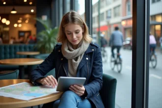 Femme explorant une carte digitale dans un café urbain