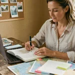 Femme préparant son carnet de voyage méditerranéen à son bureau avec journal et cartes