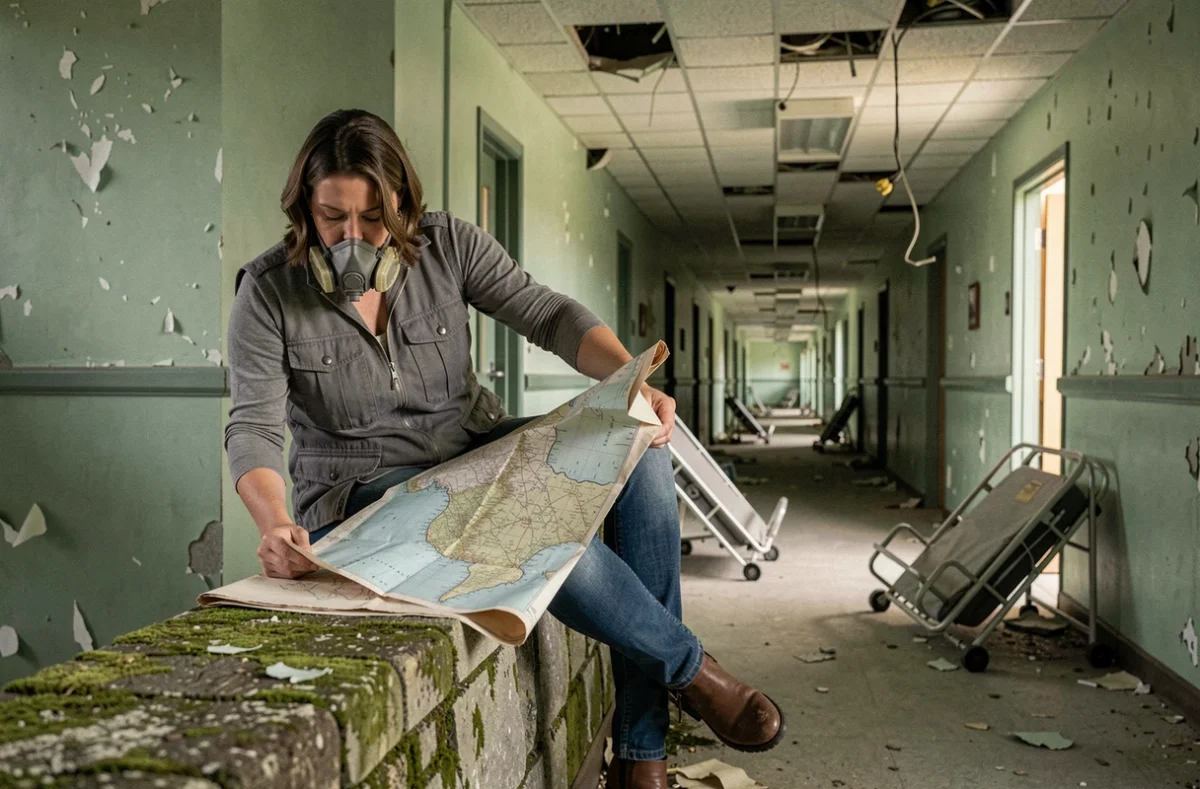Femme consulatnt une carte dans un couloir d'hôpital abandonné aux murs décollés et au mobilier médical rouillé