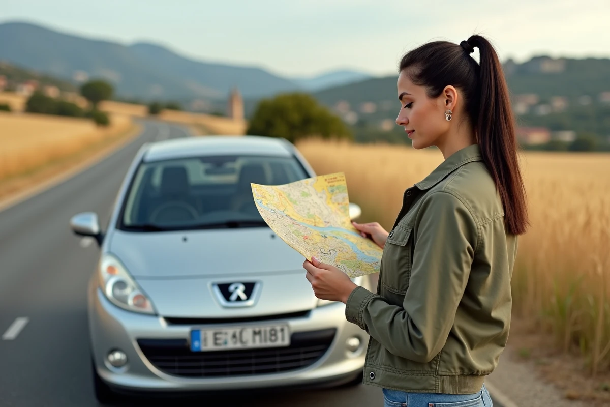 Femme consultant une carte routière sur une nationale française lors d'un voyage vers l'Espagne