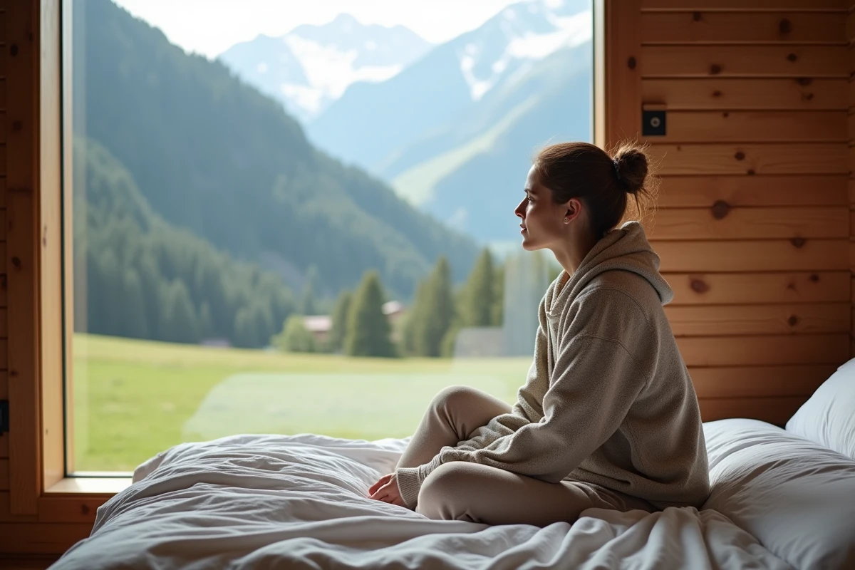 Jeune femme dans chalet regardant la montagne
