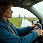 Femme conduisant une voiture compacte dans un paysage hollandais