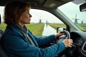 Femme conduisant une voiture compacte dans un paysage hollandais