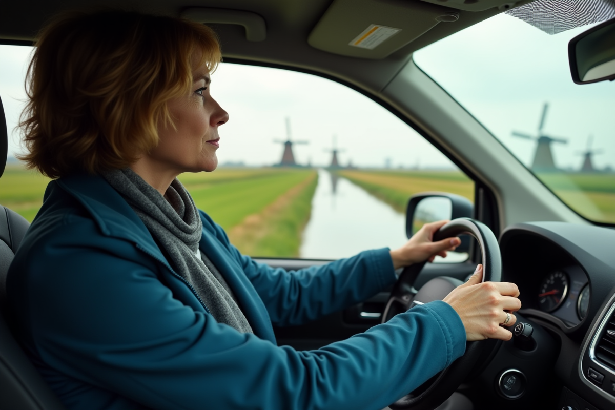 Femme conduisant une voiture compacte dans un paysage hollandais