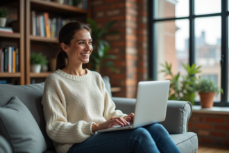 Femme souriante avec un ordinateur dans un salon chaleureux