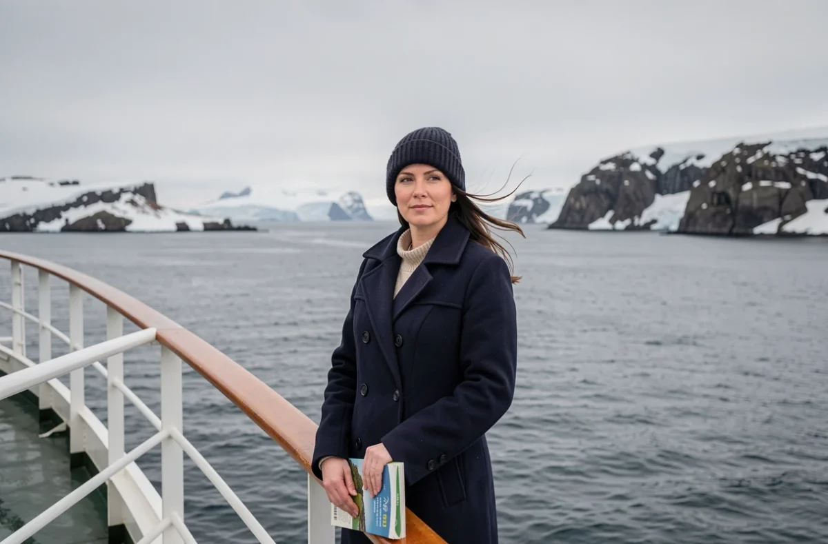 Femme en manteau marine à la proue d'un navire de croisière naviguant entre des îles arctiques enneigées