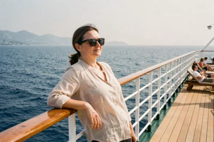 Femme en croisière sur la Méditerranée, accoudée au bastingage d'un paquebot avec vue sur la mer depuis Marseille
