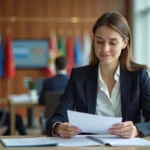 Femme en attente à l'ambassade avec documents de voyage