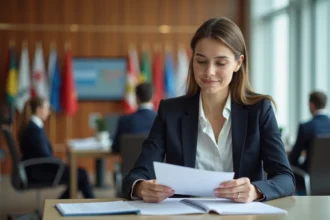Femme en attente à l'ambassade avec documents de voyage