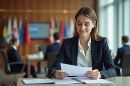 Femme en attente à l'ambassade avec documents de voyage