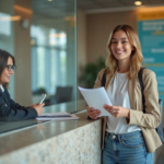 Femme souriante remettant des documents à un guichet officiel