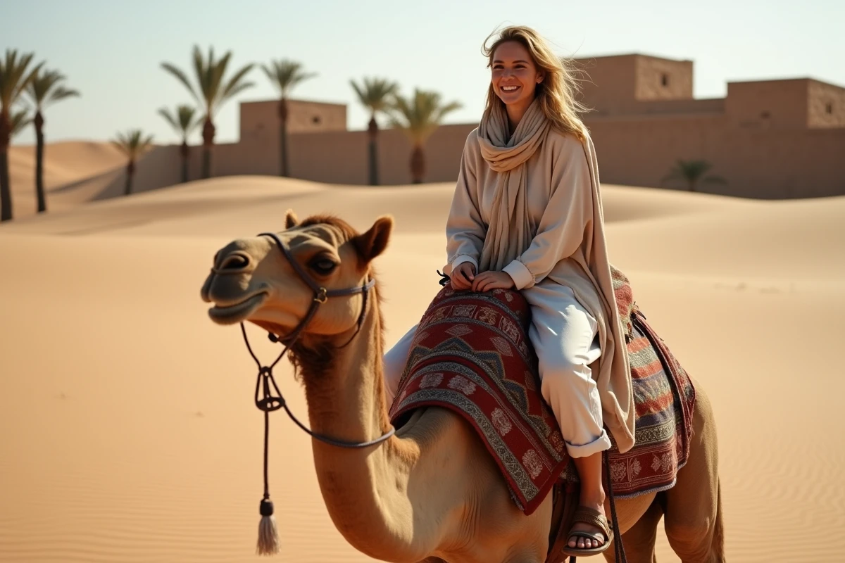 Femme souriante en voyage dans le désert de Ksar Ghilane