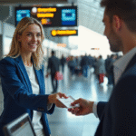 Femme souriante échange un billet de train avec un jeune homme