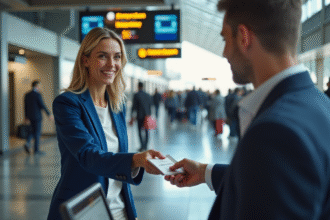 Femme souriante échange un billet de train avec un jeune homme