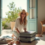 Femme souriante préparant sa valise dans une chambre méditerranéenne