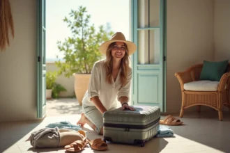 Femme souriante préparant sa valise dans une chambre méditerranéenne