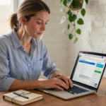 Femme remplissant un formulaire de devis voyage en ligne sur un ordinateur portable dans un bureau à domicile