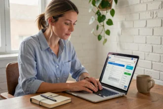 Femme remplissant un formulaire de devis voyage en ligne sur un ordinateur portable dans un bureau à domicile