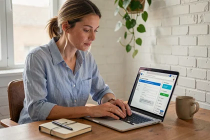 Femme remplissant un formulaire de devis voyage en ligne sur un ordinateur portable dans un bureau à domicile