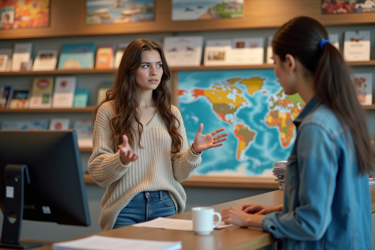 Jeune femme frustrée parlant avec un agent de voyage