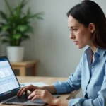 Femme consultant la gestion de réservation Air Algérie sur un ordinateur portable dans un bureau à domicile