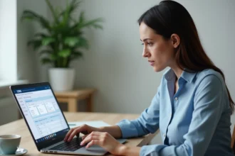 Femme consultant la gestion de réservation Air Algérie sur un ordinateur portable dans un bureau à domicile