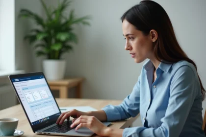 Femme consultant la gestion de réservation Air Algérie sur un ordinateur portable dans un bureau à domicile