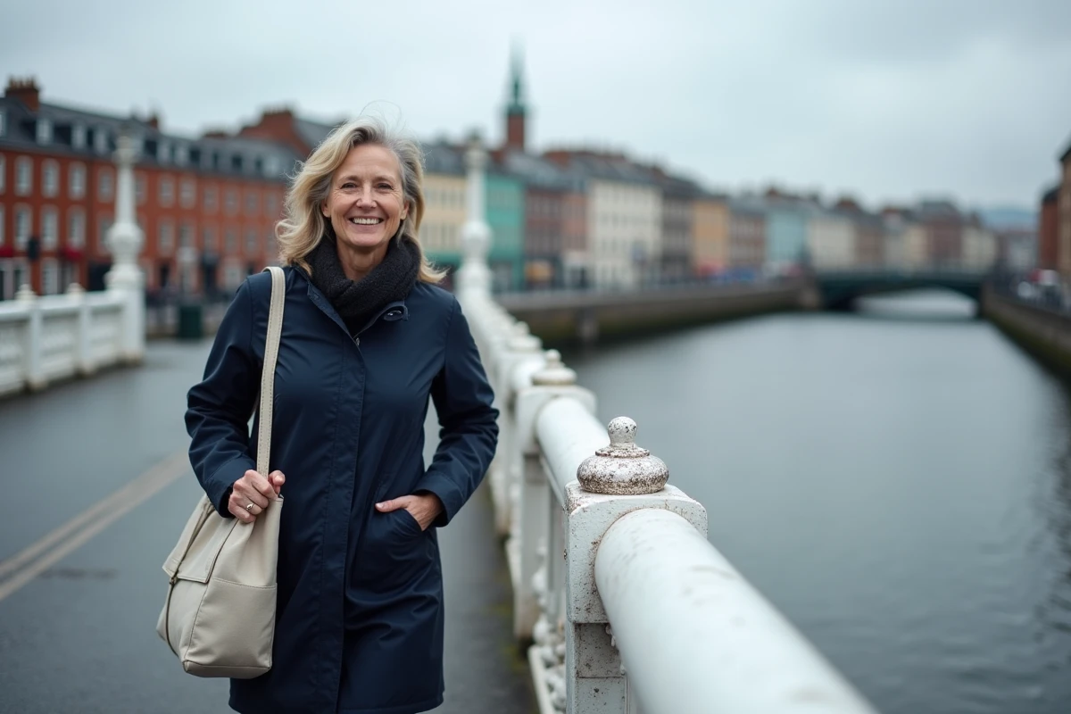 Femme voyageant seule traversant le Ha'penny Bridge sur la Liffey à Dublin pendant une escale de croisière