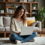 Femme assise sur un tapis dans un salon accueillant avec ordinateur portable