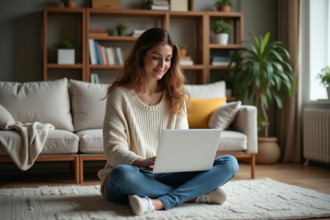 Femme assise sur un tapis dans un salon accueillant avec ordinateur portable