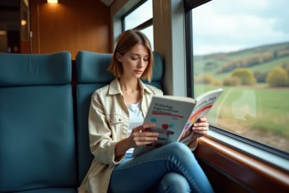 Femme lisant un magazine Epershand dans un train