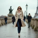 Femme marchant sur le Pont de l'Alma à Paris avec la Tour Eiffel en arrière-plan, illustrant la marche urbaine pour la santé